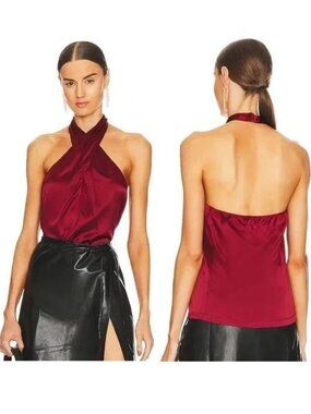 Theory Ertil Cross Front Halter Top Size P Stretch Satin SILK Red Dahlia NEW